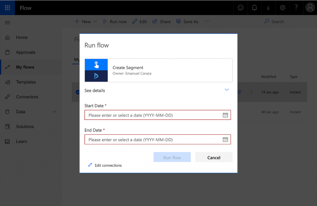 Microsoft Flow - Run Flow - Create Segment