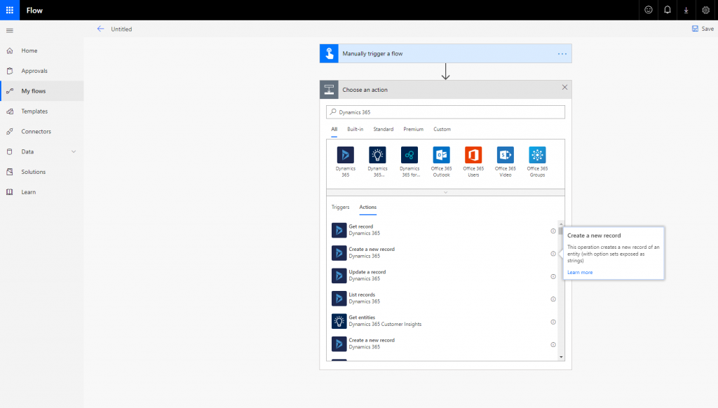 Microsoft Flow - Choose an action